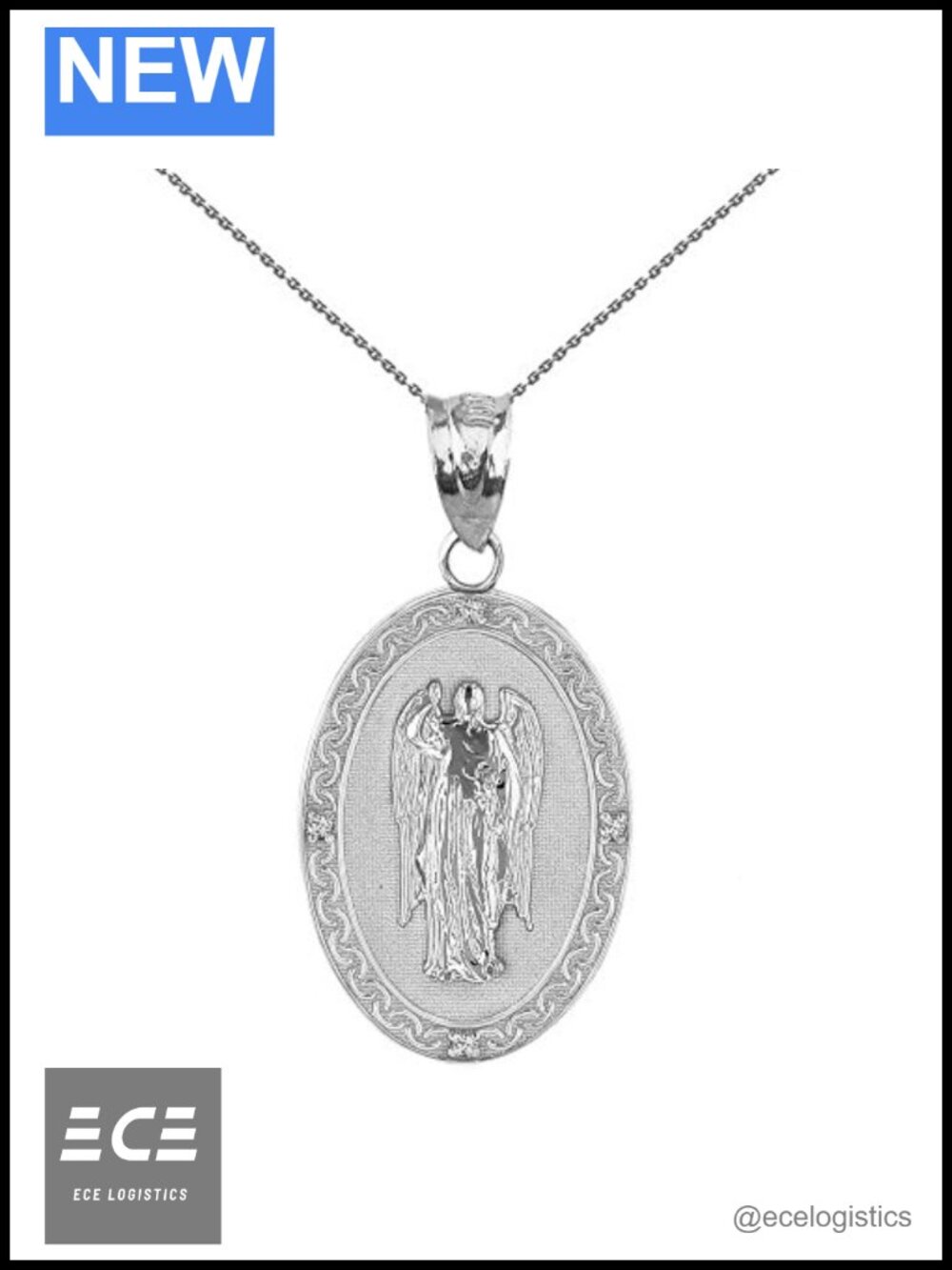 Sterling Silver Saint Gabriel Archangel CZ Oval Medal Necklace 16"